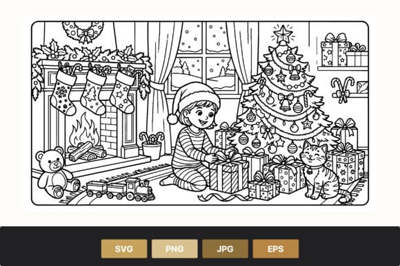 Child Opening Christmas Presents with Illustrations