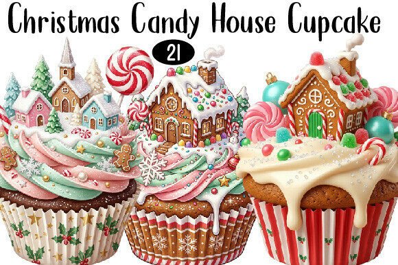 Christmas Candy House Cupcake Clipart for Illustrations