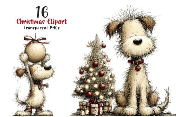 Christmas Dogs Whimsical Clipart for Illustrations