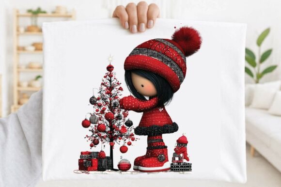 Cute Christmas Girl with Christmas Tree Illustrations