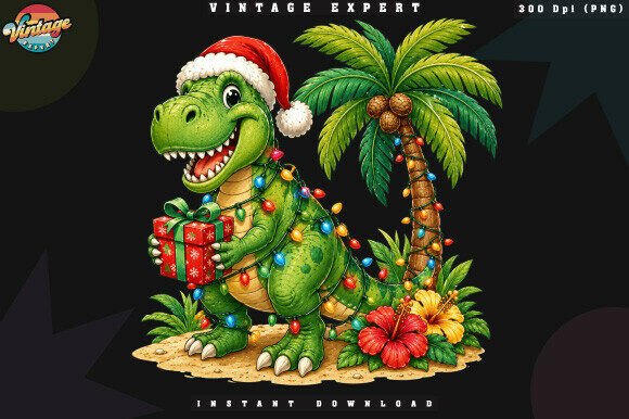 Tropical Christmas Dinosaur PNG for Illustrations