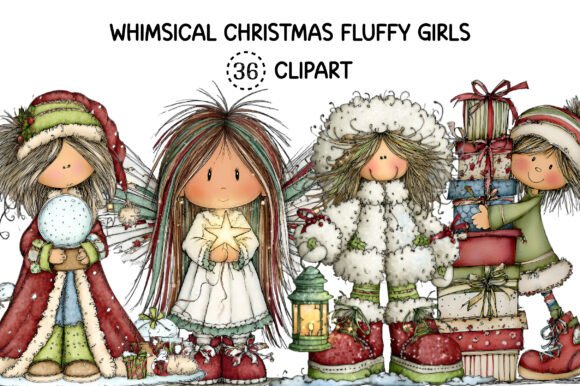 Whimsical Christmas Fluffy Girls Clipart Illustrations